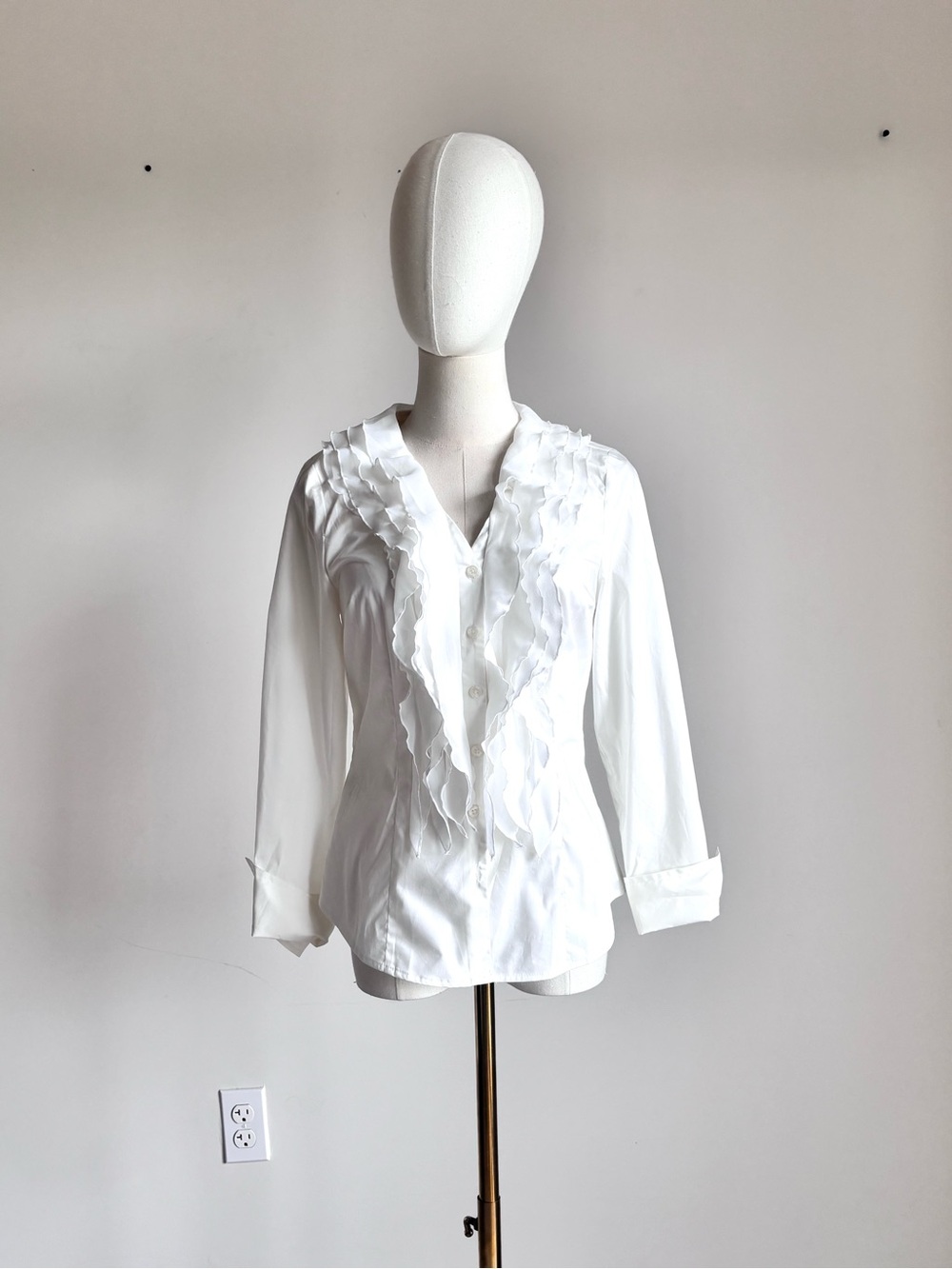 Ann Taylor White Ruffle V-Neck Button Blouse